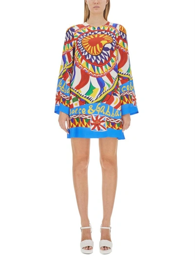 Dolce & Gabbana Mini Multicolor Relaxed Dress With All-over Carretto Print In Stretch Silk Woman