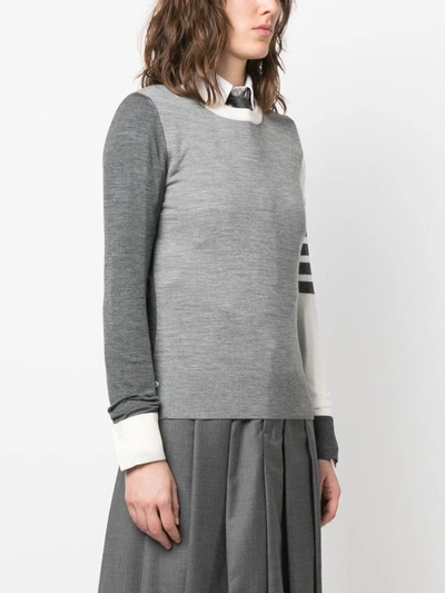 Thom Browne Fun Mix Relaxed Fit Crew Neck Pullover In Fine Merino Wool W/ 4 Bar Stripe In Tonal Grey 982