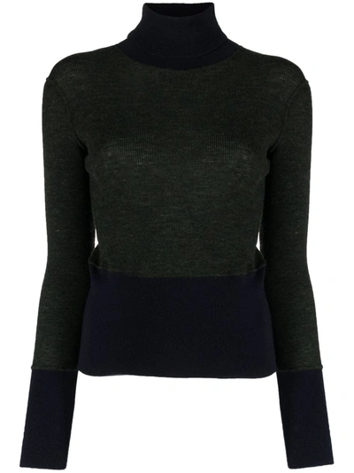 Thom Browne Woman Green And Black Wool Turtleneck Sweater