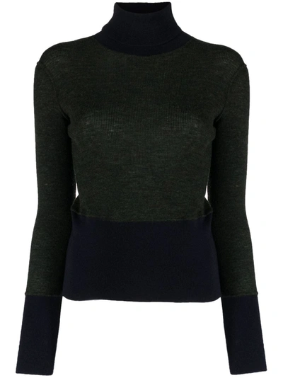 Thom Browne Woman Green And Black Wool Turtleneck Jumper