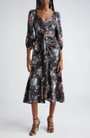 Cinq À Sept Walker Puff-sleeve Floral Midi Dress In Obsidian Multi