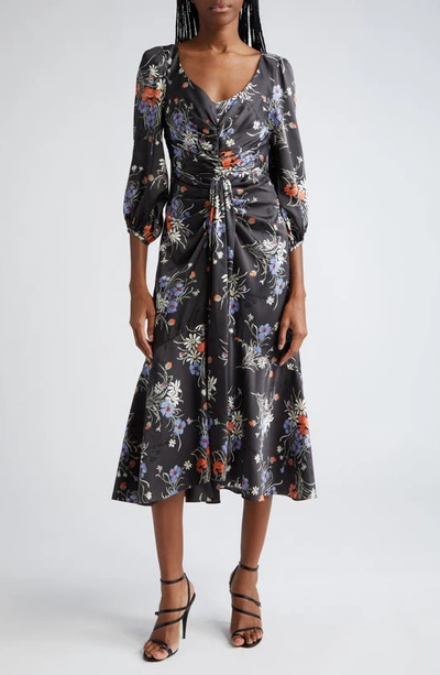 Cinq À Sept Walker Puff-sleeve Floral Midi Dress In Obsidian Multi