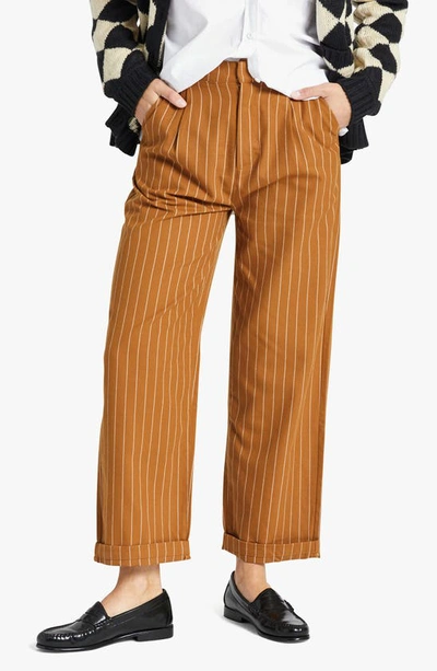 Brixton Victory Pinstripe Wide Leg Trousers In Washed Copper Pinstripe