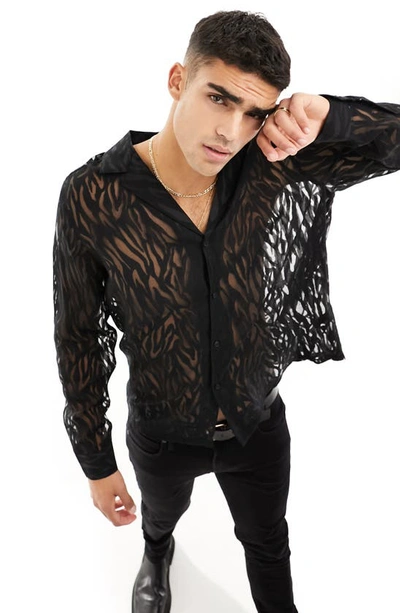 Asos Design Relaxed Deep Revere Sheer Burnout Zebra Shirt In Black