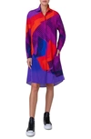 AKRIS SUPERIMPOSITION PRINT LONG SLEEVE WOOL & SILK VOILE SHIRTDRESS