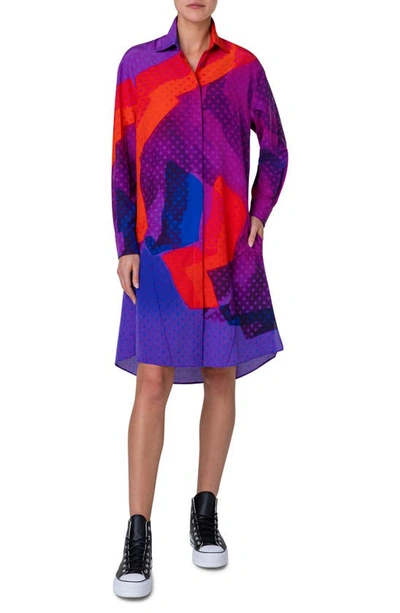 AKRIS SUPERIMPOSITION PRINT LONG SLEEVE WOOL & SILK VOILE SHIRTDRESS