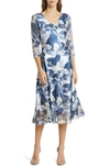 KOMAROV KOMAROV ABSTRACT PRINT CHARMEUSE & LACE COCKTAIL MIDI DRESS