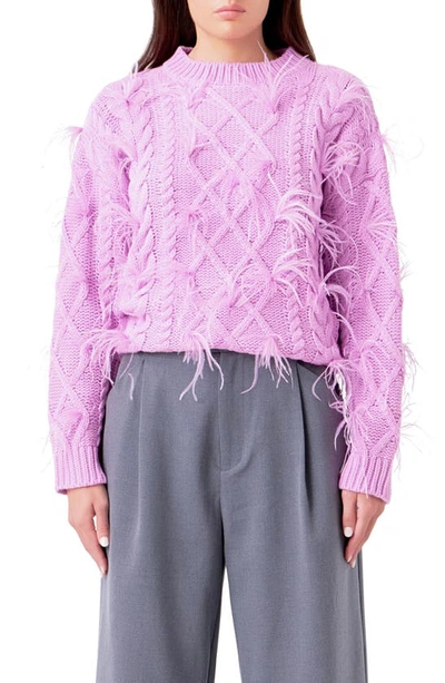 Endless Rose Feather Trim Cable Knit Sweater In Lilac