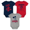 Outerstuff Baby Boys And Girls Navy, Red, Gray New England Patriots Three-piece Disney Game Time Bodysuit Set In Navy