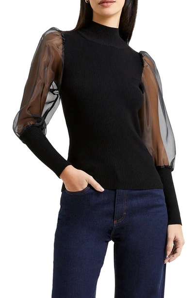 French Connection Krista Organza Long Sleeve Top In Blackout