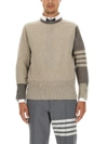Thom Browne Striped Embroidered Cashmere Crewneck In Beige