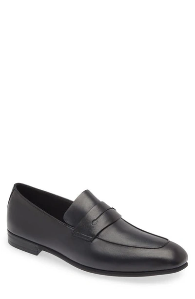 Zegna Leather Penny Loafers In Navy