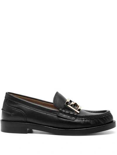 Fendi Ff Logo-plaque Leather Loafers In Black