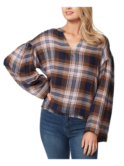 Jessica Simpson Womens Plaid Notch-neck Pullover Top In Blue