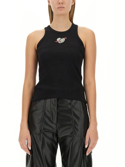 Msgm Ribbed Sleeveless Cotton Tops With Embroidered Detail In Black