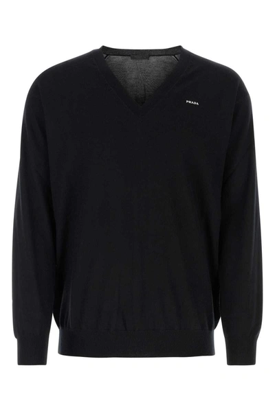 Prada V-neck Ribbed Cashmere Knit In Black