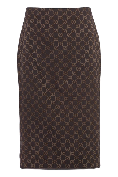 Gucci Gg-supreme Twill Midi Skirt In Brown