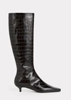 Totême Toteme The Slim Croc Embossed Kitten Heel Knee High Boot In Dark Brown Croco