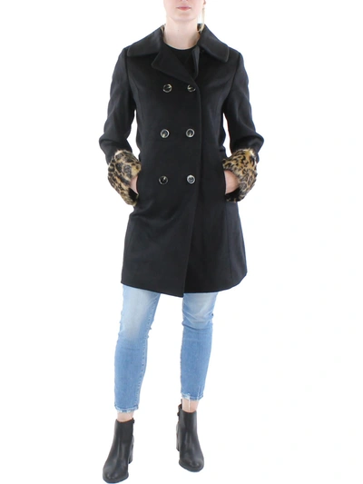 Tahari Aubrey Womens Wool Faux Fur Overcoat In Black