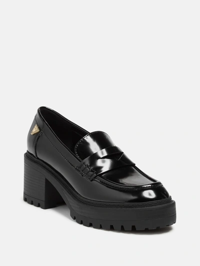 Guess Factory Lifts Block Heel Penny Loafers In Black