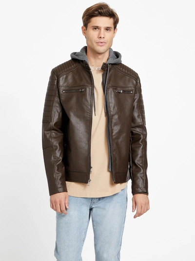 Guess Factory David Faux-leather Hooded Jacket In Brown