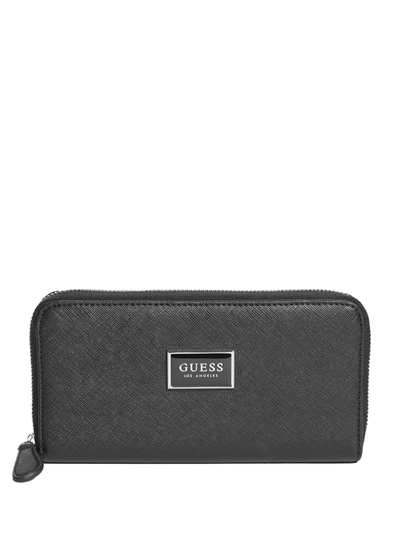 Guess Factory Abree Logo Saffiano Medium Zip-around Wallet In Black