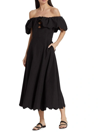 SEA WOMEN'S LEONA STRAPLESS OFF THE SHOULDER MIDI DRESS IN BLACK