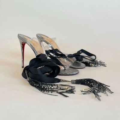 Pre-owned Christian Louboutin Silver/ Black Striped Sandal Heels, 40