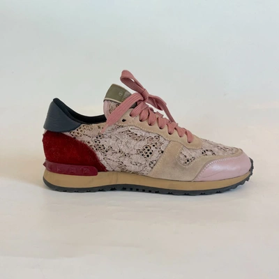 Pre-owned Valentino Garavani Valentino Red/ Pink Macramé Lace Sneakers, 38