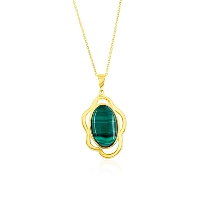 Simona Sterling Silver Oval Malachite Wavy Design Pendant Necklace- Gold Plated In Green