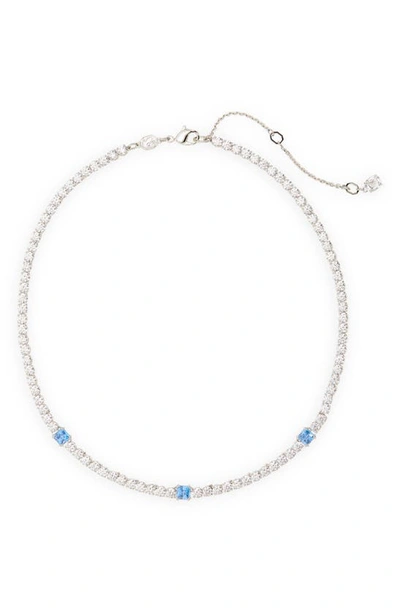 Swarovski Matrix Round & Blue Square Crystal Tennis Necklace In Rhodium Plated, 14.96-17.72 In Blue/silver