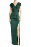 Theia Acari Pleated Satin Column Gown In Pine