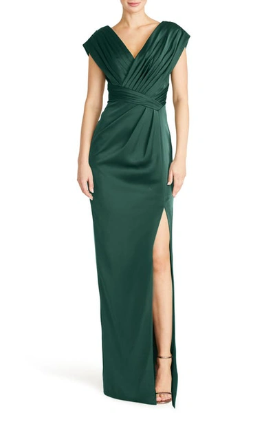 Theia Acari Pleated Satin Column Gown In Green