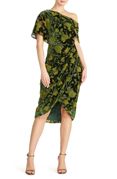 Theia Maia One-shoulder Floral Applique Midi Dress In Green