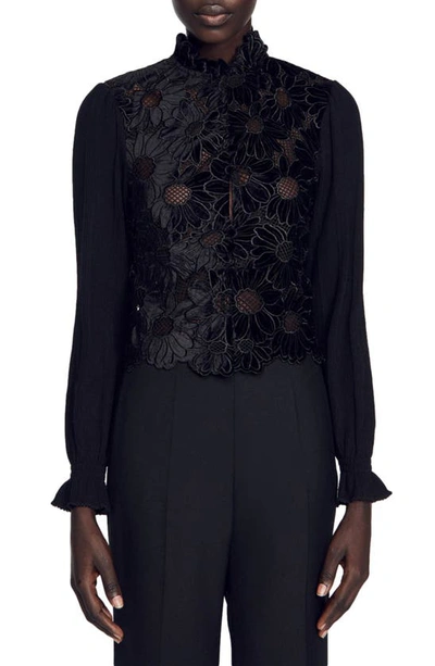 Sandro Guipure Velvet Top In Black