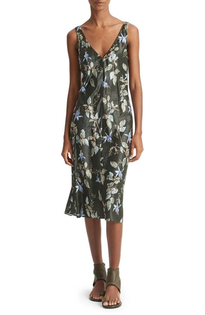 VINCE BELLFLOWER FLORAL DOUBLE V-NECK SATIN MIDI SLIPDRESS