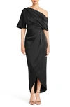 Theia Rayna One Shoulder Draped Gown In Black