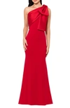 BETSY & ADAM BOW ONE-SHOULDER CREPE MERMAID GOWN