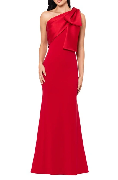 BETSY & ADAM BOW ONE-SHOULDER CREPE MERMAID GOWN
