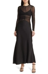 MISHA COLLECTION GINGER SHEER LONG SLEEVE MIXED MEDIA GOWN
