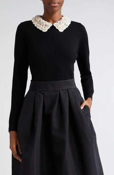 Carolina Herrera Embellished Woven Collared Rib Sweater In Black