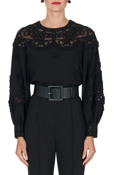Carolina Herrera Embroidered Puff-sleeve Top With Lace Panels In Black