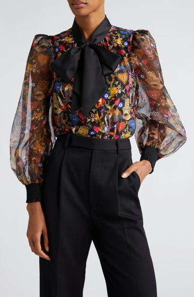 Alice And Olivia Brentley Printed Satin Tie-neck Blouse In Ethereal