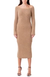 Endless Rose Long Sleeve Off The Shoulder Rib Midi Sweater Dress In Camel