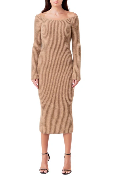 Endless Rose Long Sleeve Off The Shoulder Rib Midi Jumper Dress In Camel