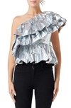 Endless Rose Metallic Tiered One-shoulder Peplum Top In Silver