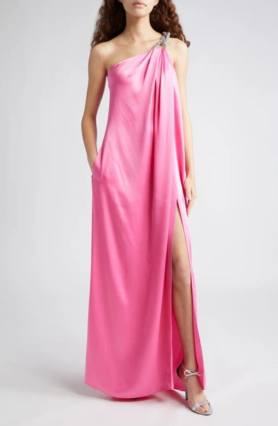 STELLA MCCARTNEY FALABELLA CRYSTAL CHAIN STRAP ONE-SHOULDER SATIN GOWN