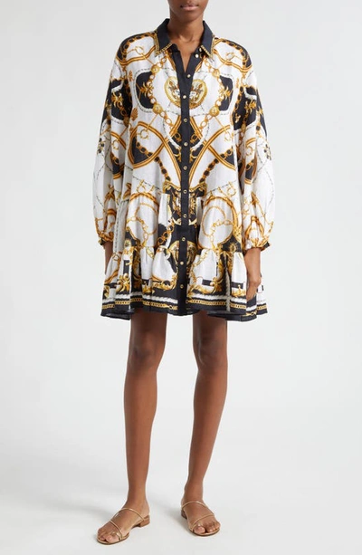 Camilla Tiered Linen Button-front Mini Shirtdress In Multi