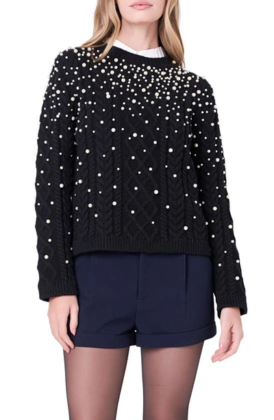 English Factory Imitation Pearl Cable Jumper In Black