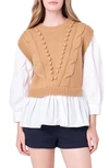 English Factory Women's Mixed Media Cable Sweater In Tan/ White